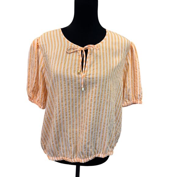 NEW MICHAEL KORS Women’s Orange/White Short Sleeve Striped Blouse Size XL - Picture 1 of 6